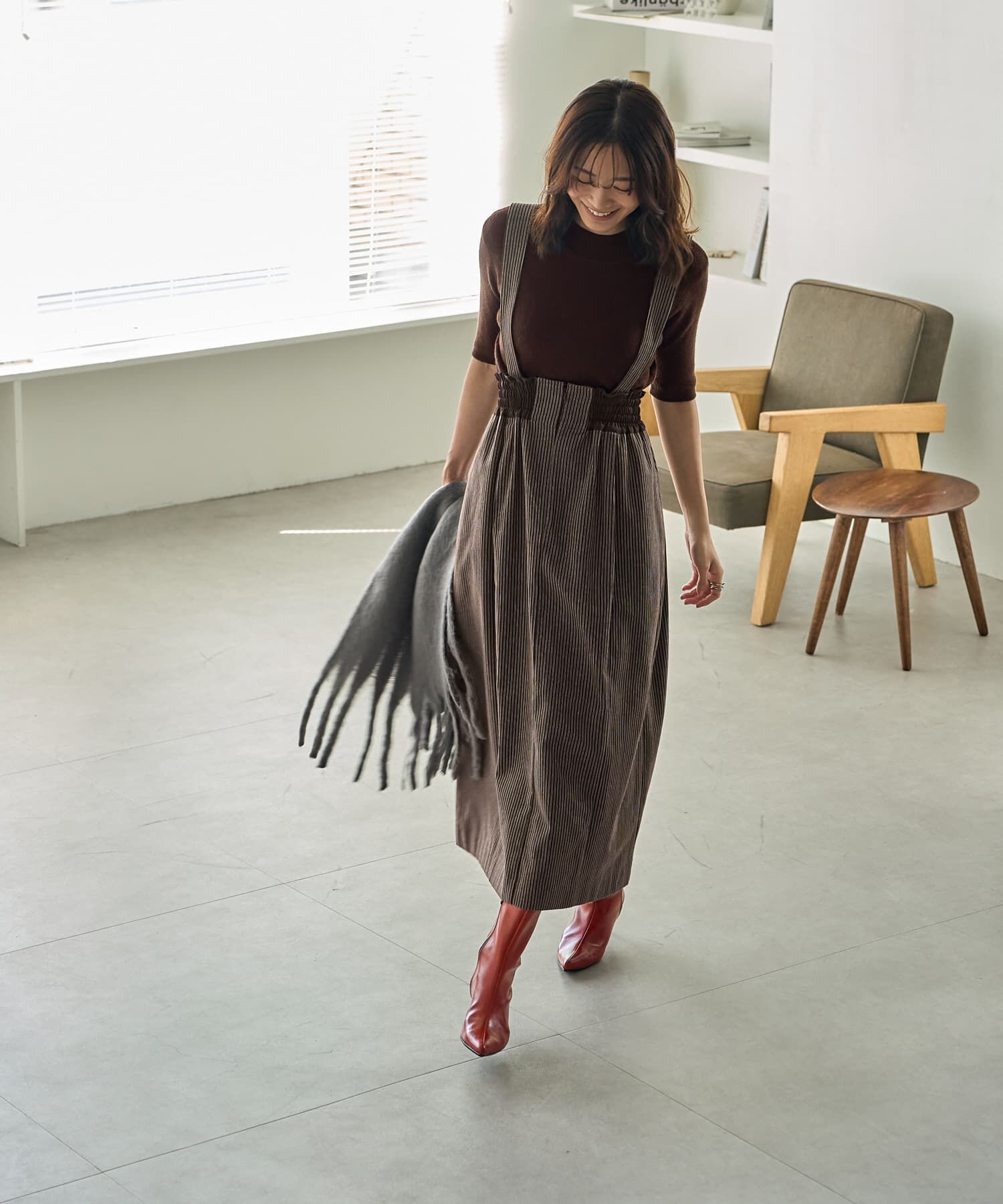 STYLE DELI「ストライプ生地サスペンダー付きコクーンスカート」|台形|