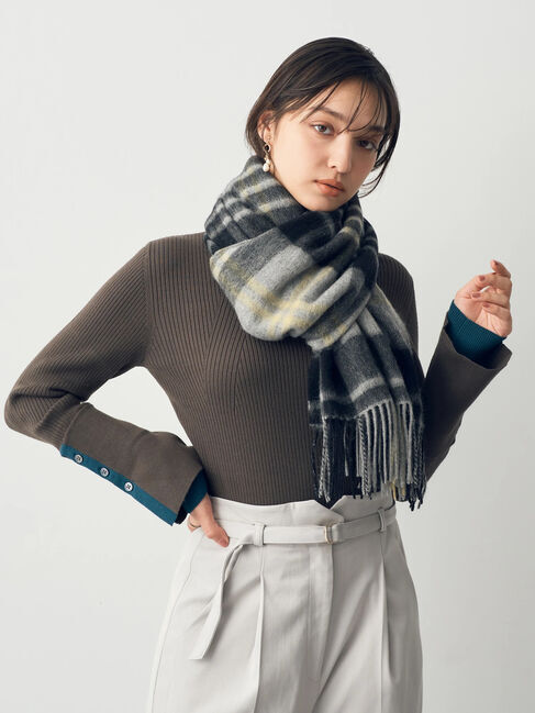 YECCA VECCA「ウォッシャブルウールチェックストール」|ストール|ブラック