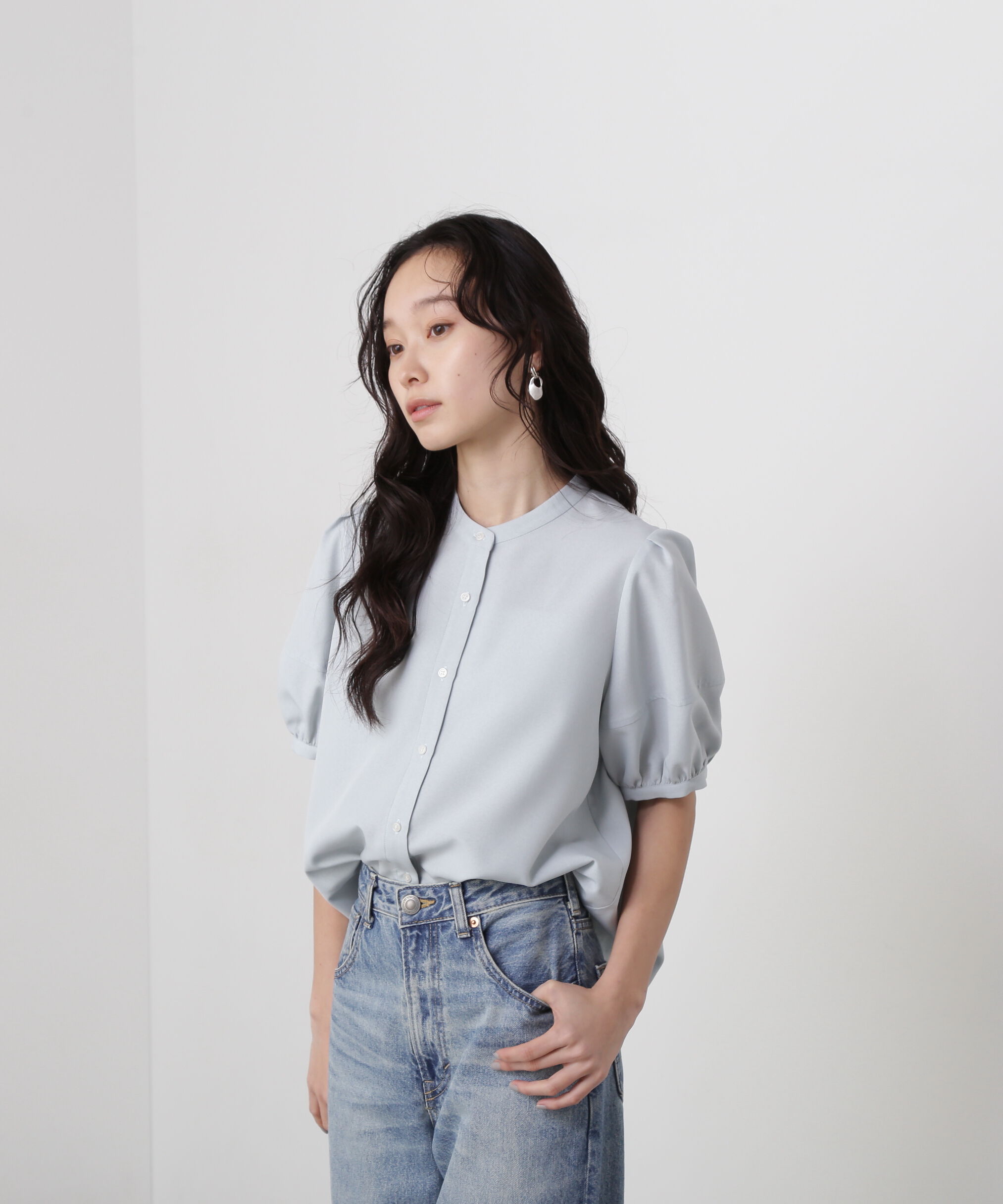  「リネンライク切替スリーブブラウス」|シャツ・ブラウス|ミントブルー