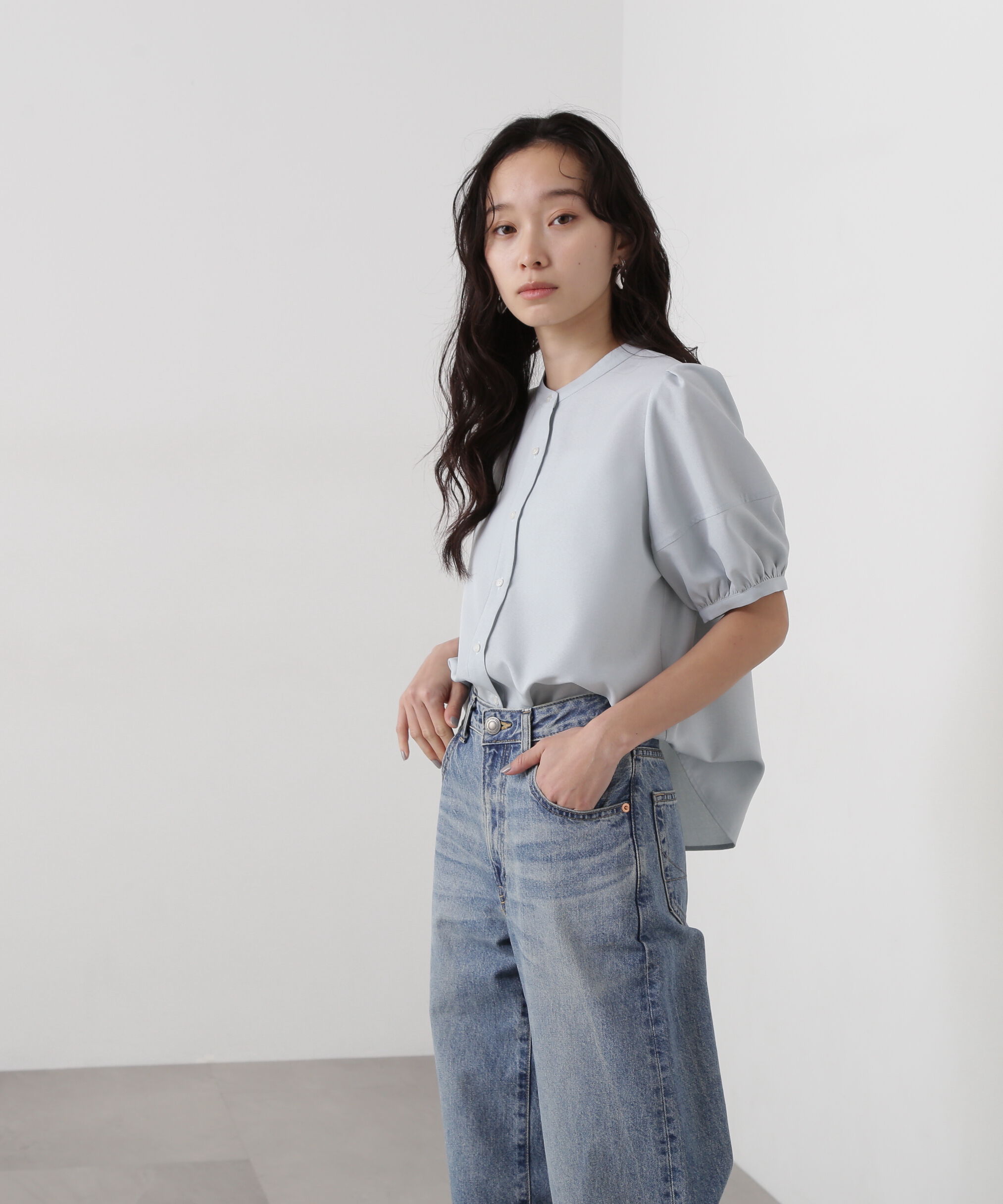  「リネンライク切替スリーブブラウス」|シャツ・ブラウス|