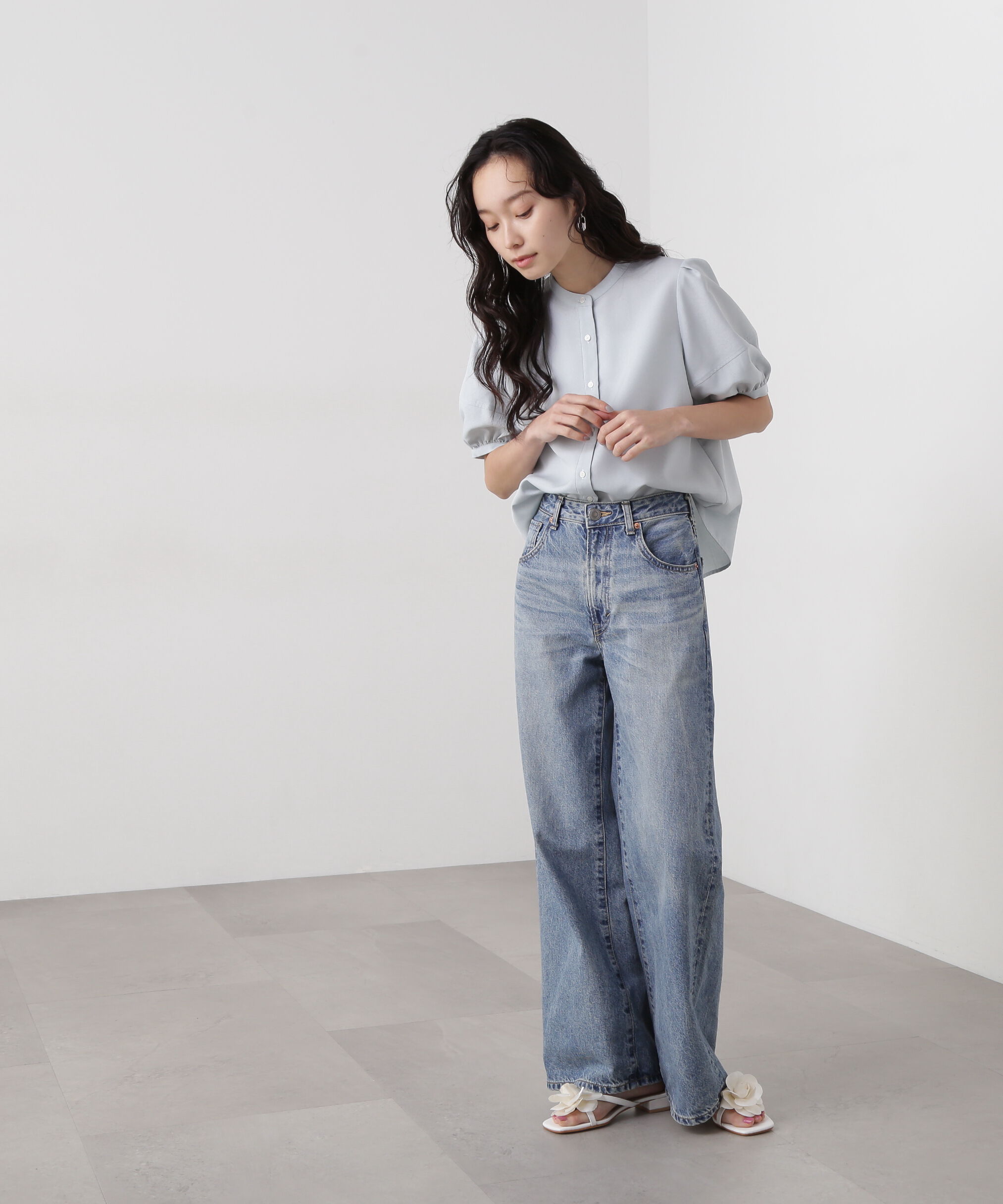  「リネンライク切替スリーブブラウス」|シャツ・ブラウス|