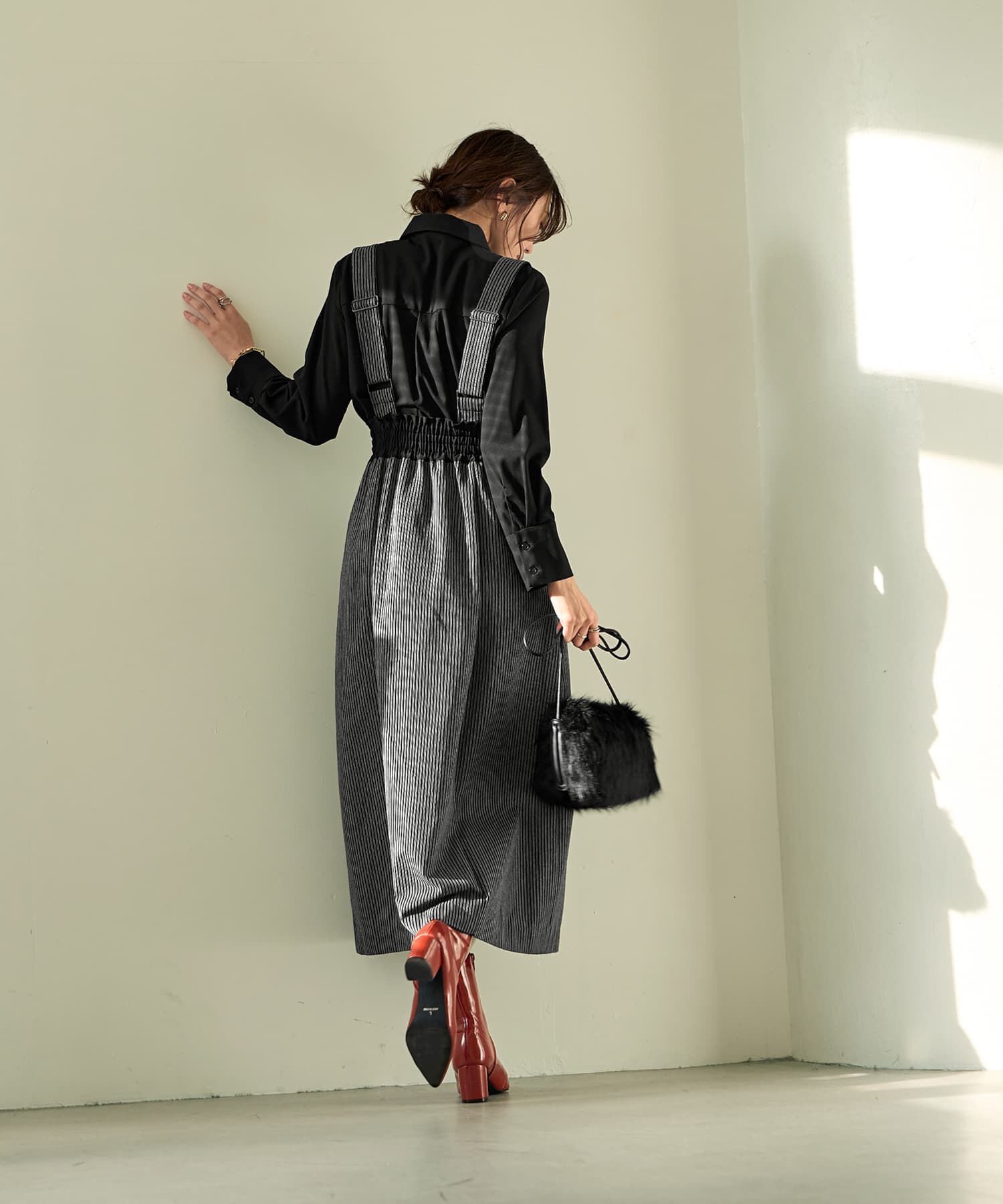 STYLE DELI「ストライプ生地サスペンダー付きコクーンスカート」|台形|