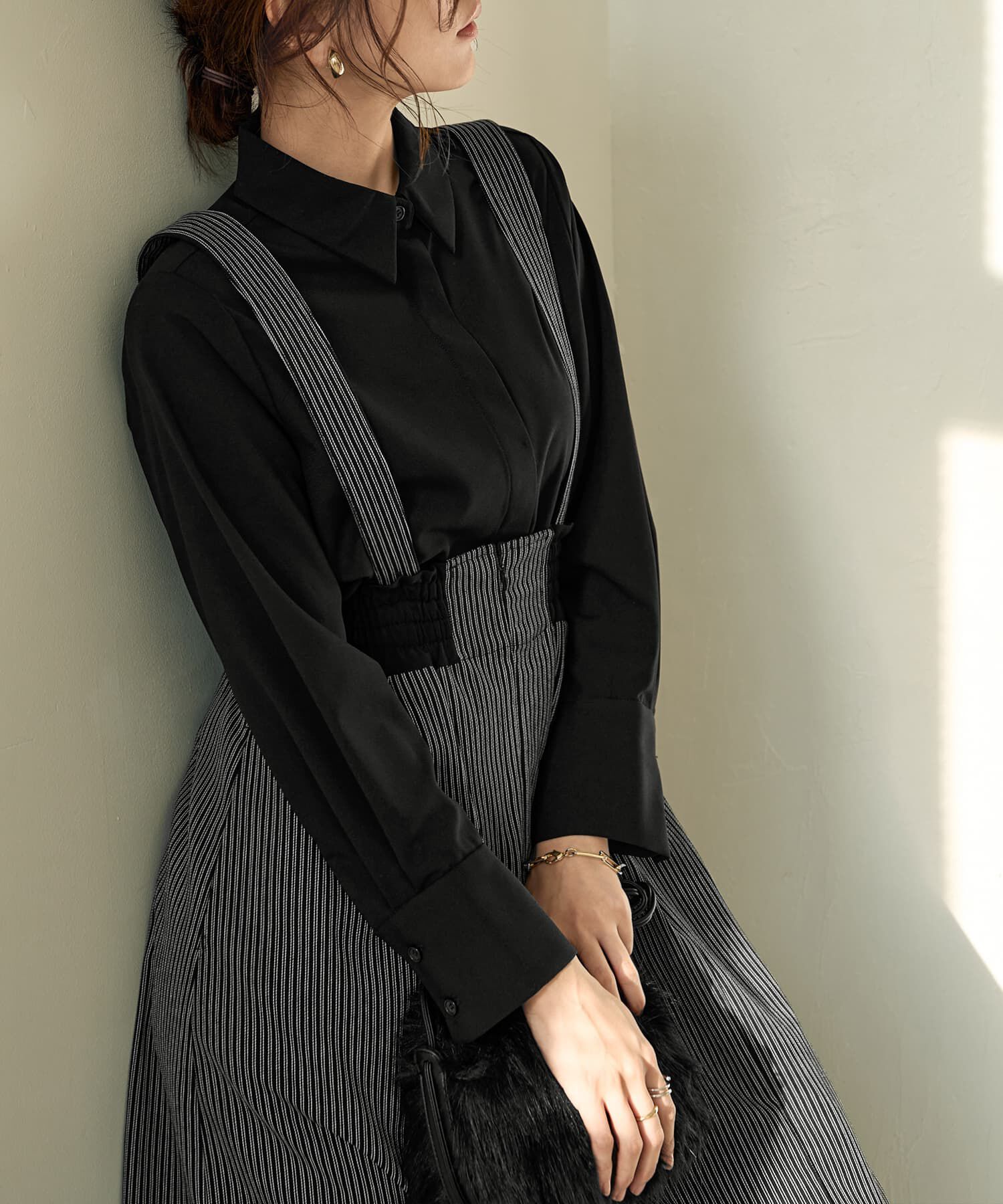 STYLE DELI「ストライプ生地サスペンダー付きコクーンスカート」|台形|