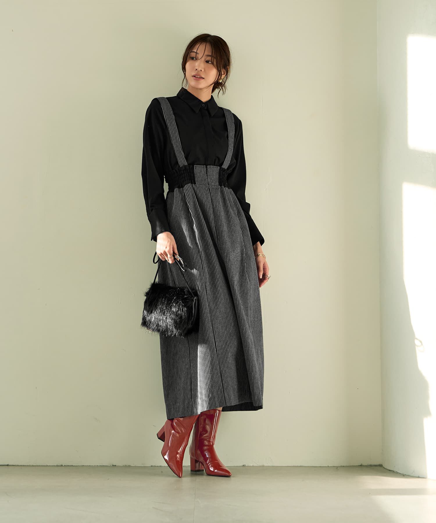 STYLE DELI「ストライプ生地サスペンダー付きコクーンスカート」|台形|