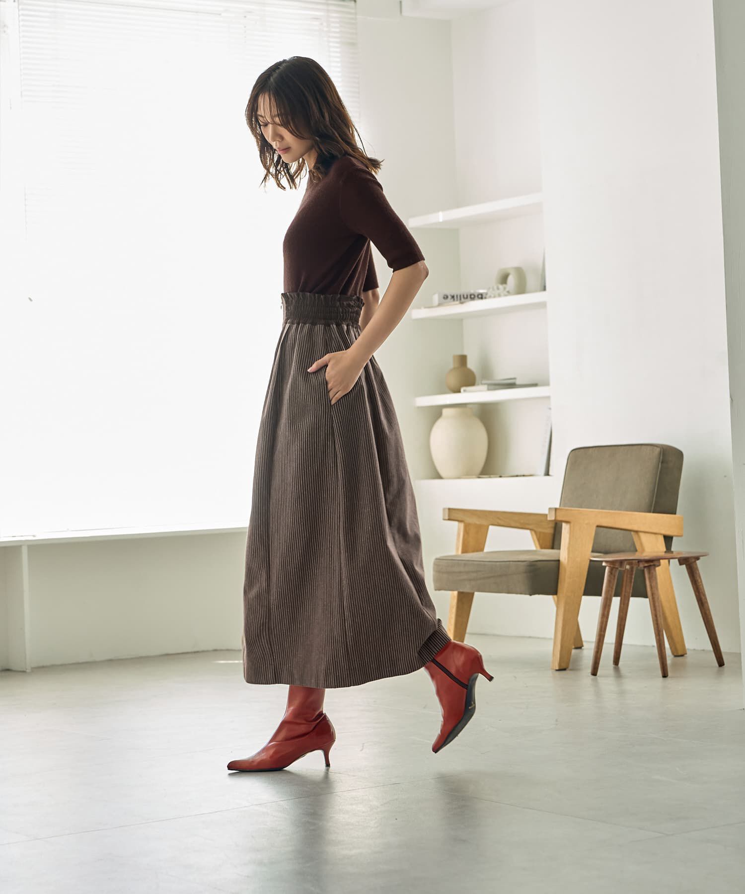 STYLE DELI「ストライプ生地サスペンダー付きコクーンスカート」|台形|