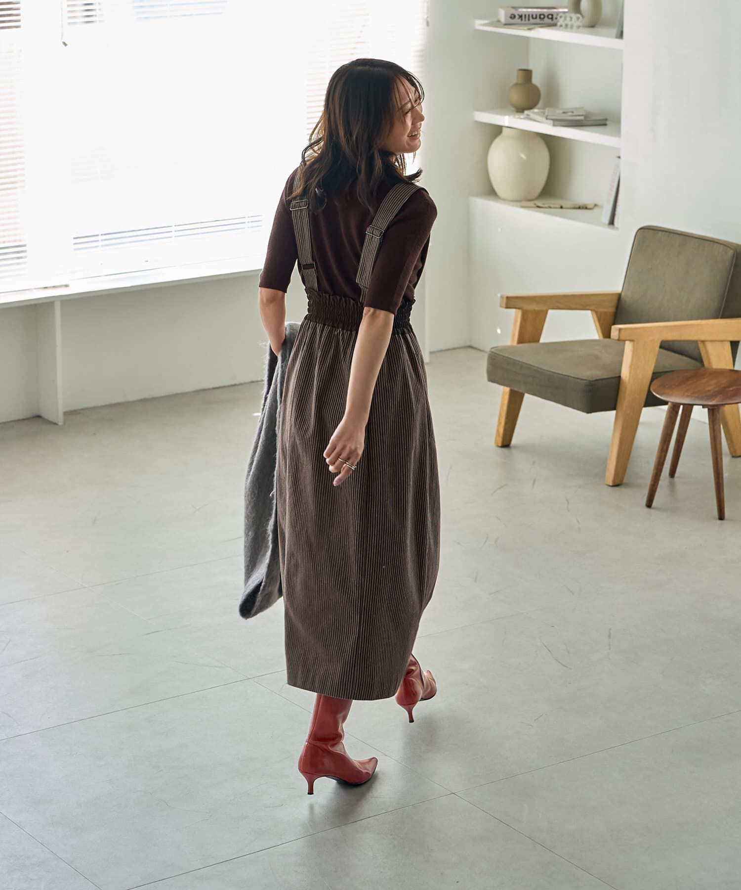 STYLE DELI「ストライプ生地サスペンダー付きコクーンスカート」|台形|