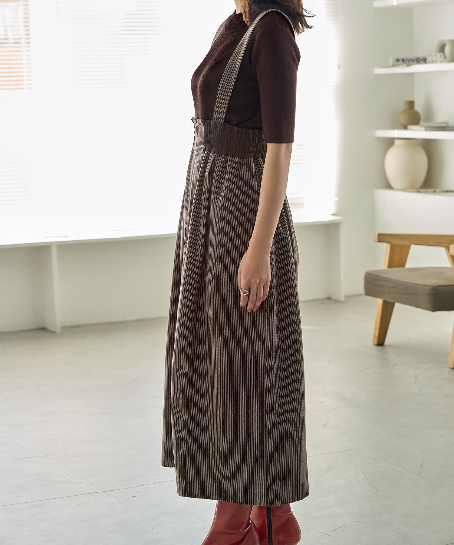 STYLE DELI「ストライプ生地サスペンダー付きコクーンスカート」|台形|