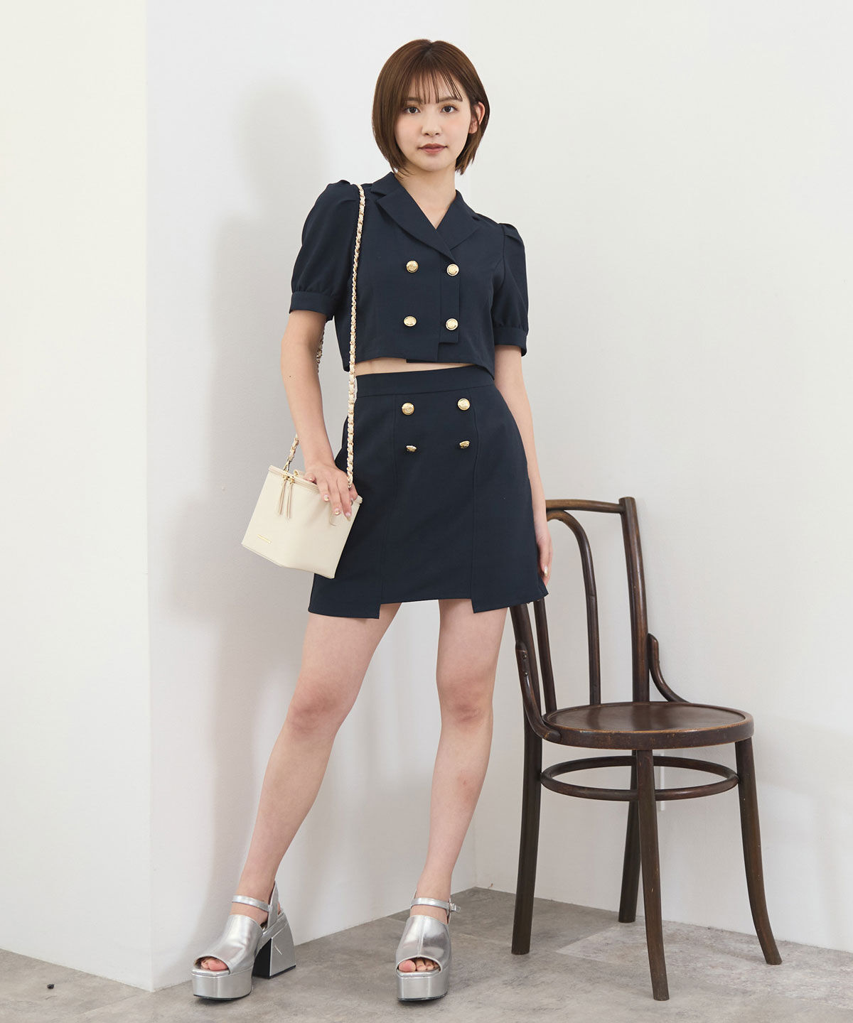 REDYAZEL「レイヤードダブルボタンミニスカート」|タイト|