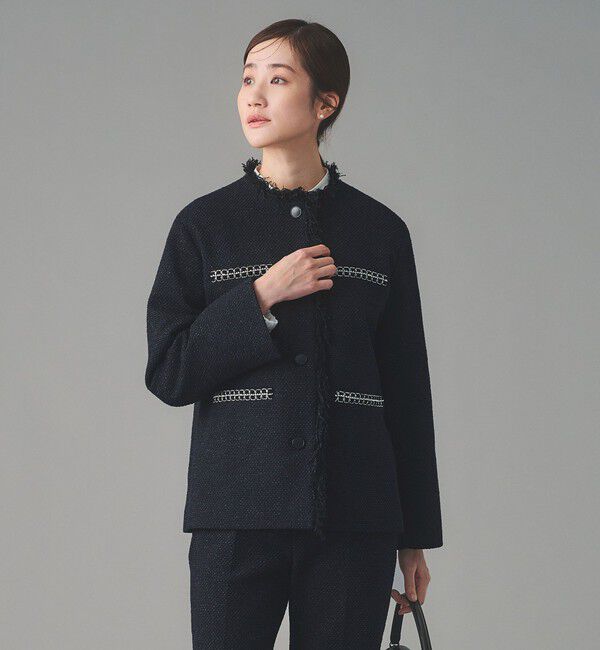 UNITED ARROWS「2トーン ツイードライク ノーカラー ジャケット」|ノーカラージャケット|NAVY