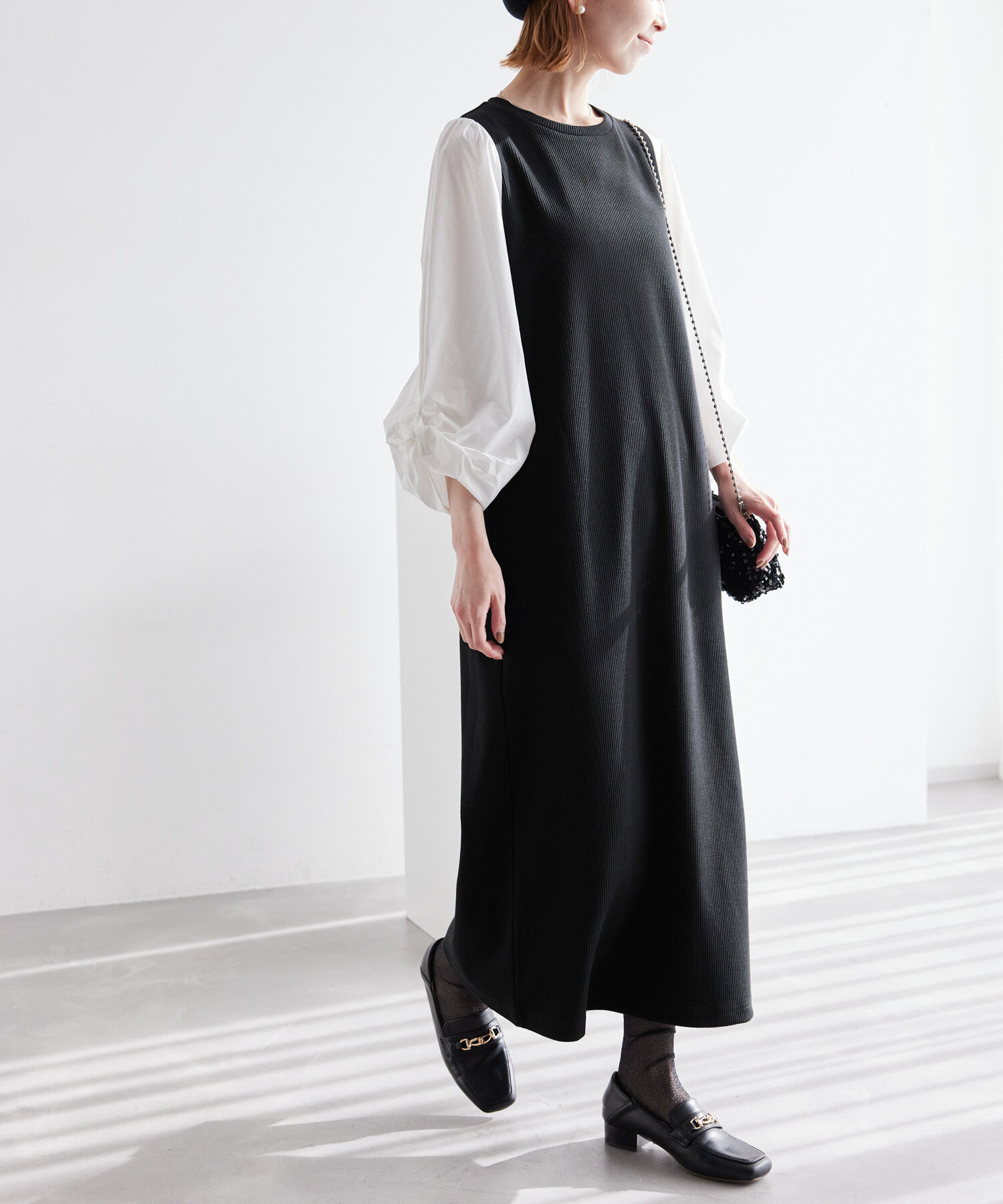 Rope&rsquo;Picnic「袖ディテールドッキングテレコワンピース」|ワンピース|ブラック(01)