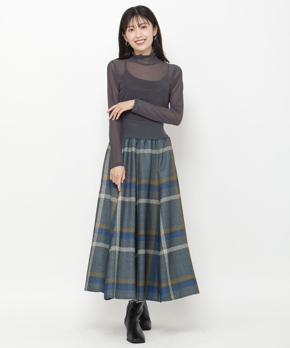 アンドクチュール「ウエストリブツイードチェックロングスカート」|フレア|ｸﾞﾚｰ系ﾁｪｯｸ