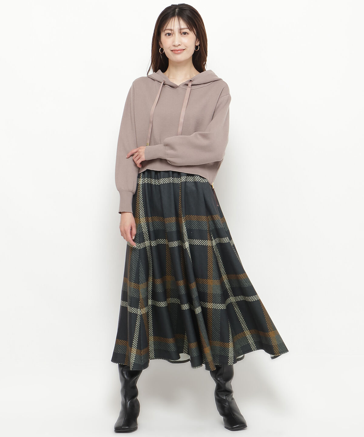 アンドクチュール「ウエストリブツイードチェックロングスカート」|フレア|