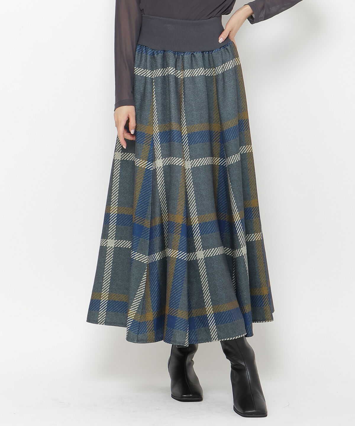アンドクチュール「ウエストリブツイードチェックロングスカート」|フレア|