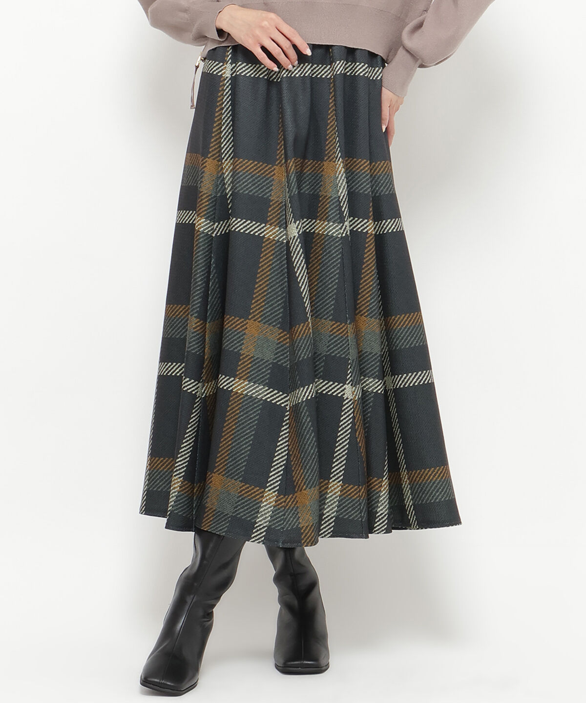 アンドクチュール「ウエストリブツイードチェックロングスカート」|フレア|