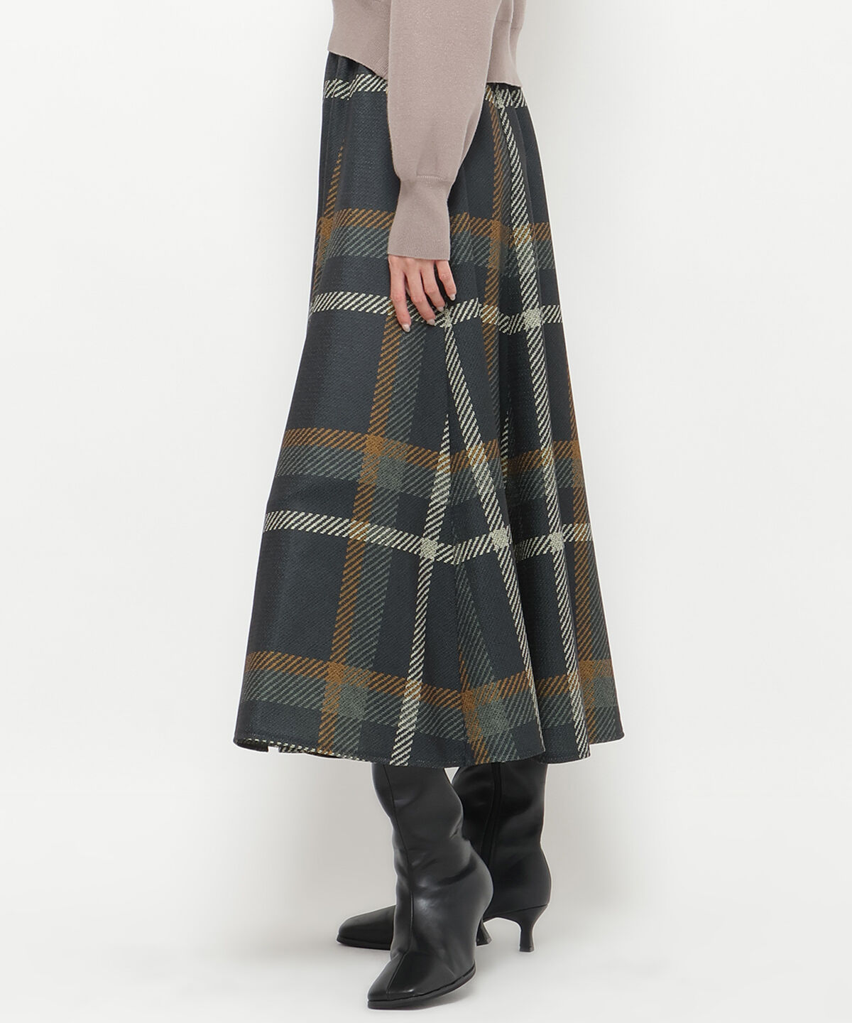 アンドクチュール「ウエストリブツイードチェックロングスカート」|フレア|