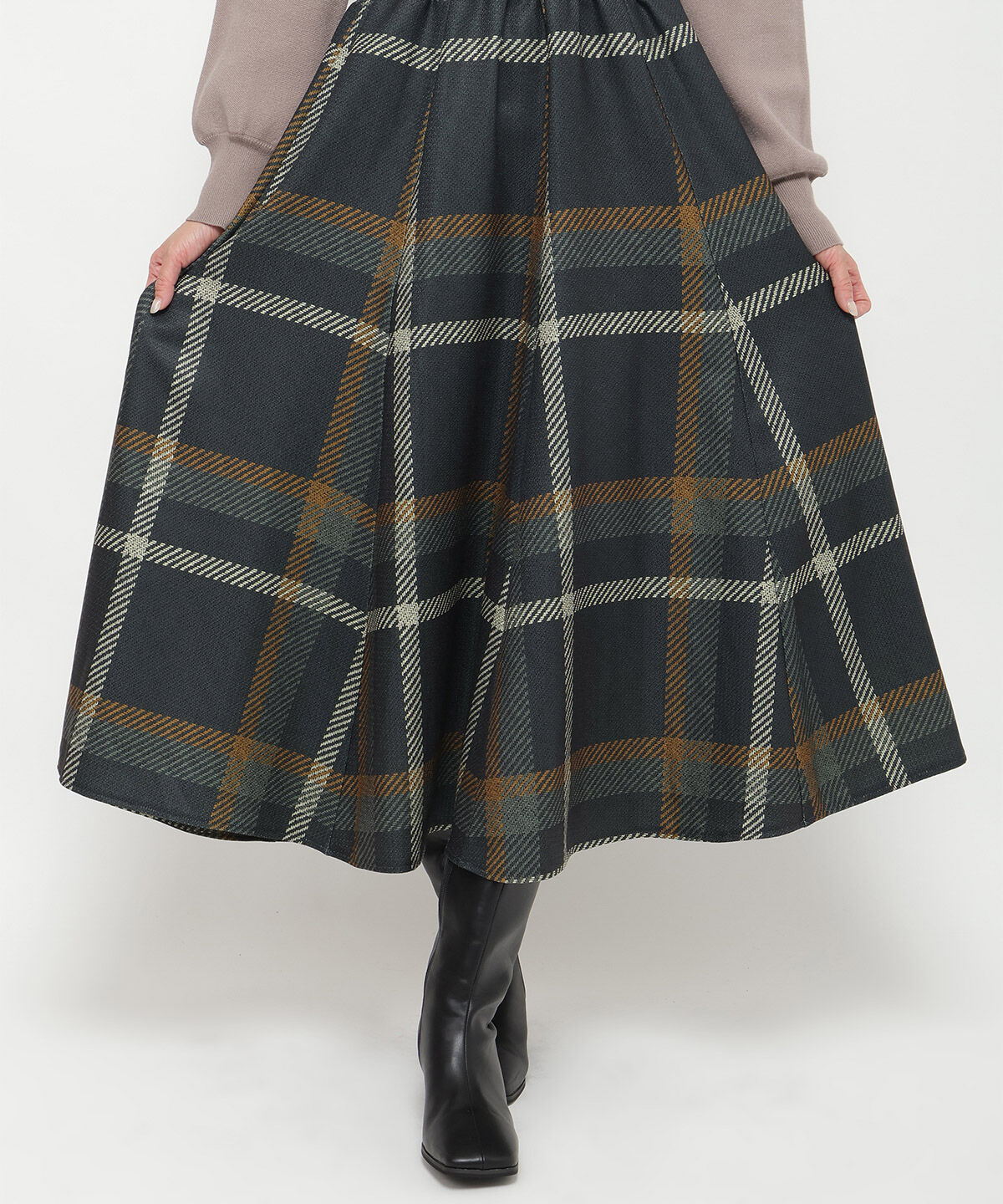 アンドクチュール「ウエストリブツイードチェックロングスカート」|フレア|