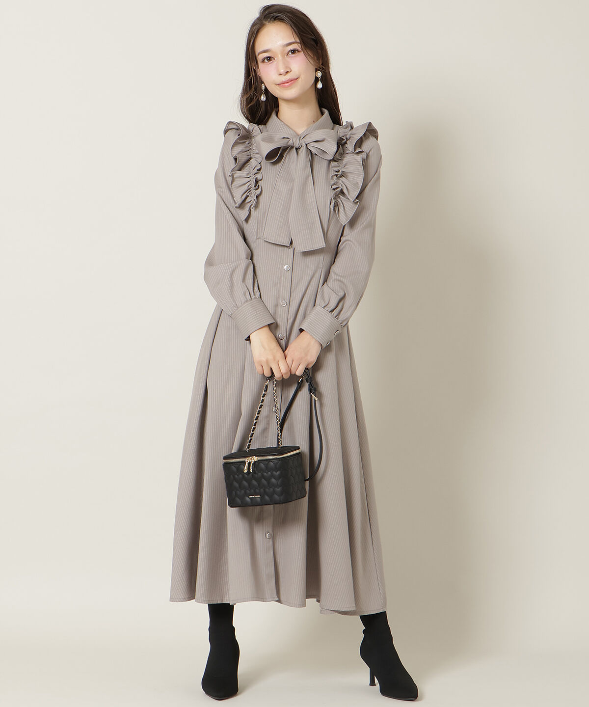 WILLSELECTION「ショルダーフリルリボンタイシャツワンピース」|ワンピース|Brown/borderｽﾄﾗｲﾌﾟ