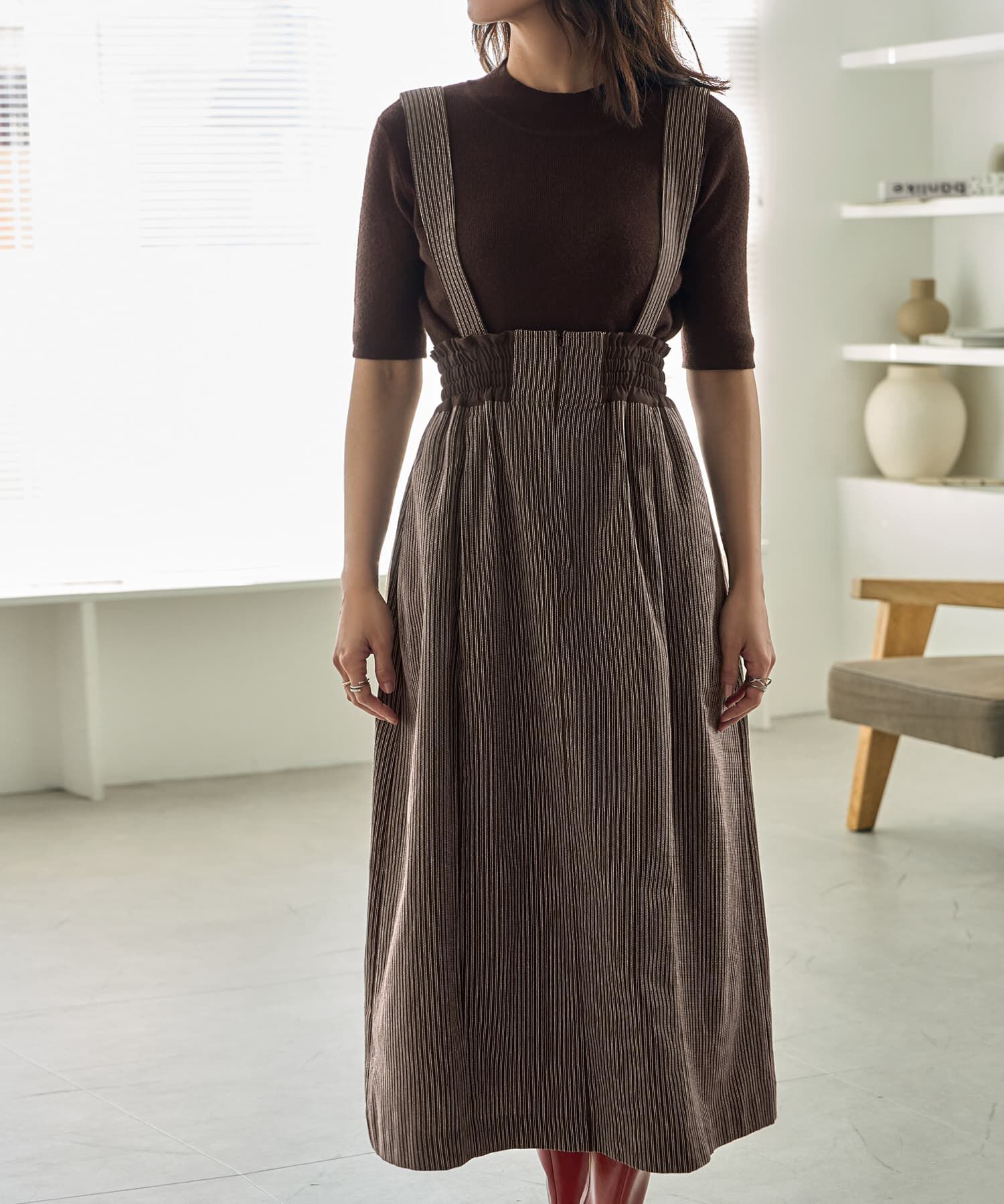 STYLE DELI「ストライプ生地サスペンダー付きコクーンスカート」|台形|