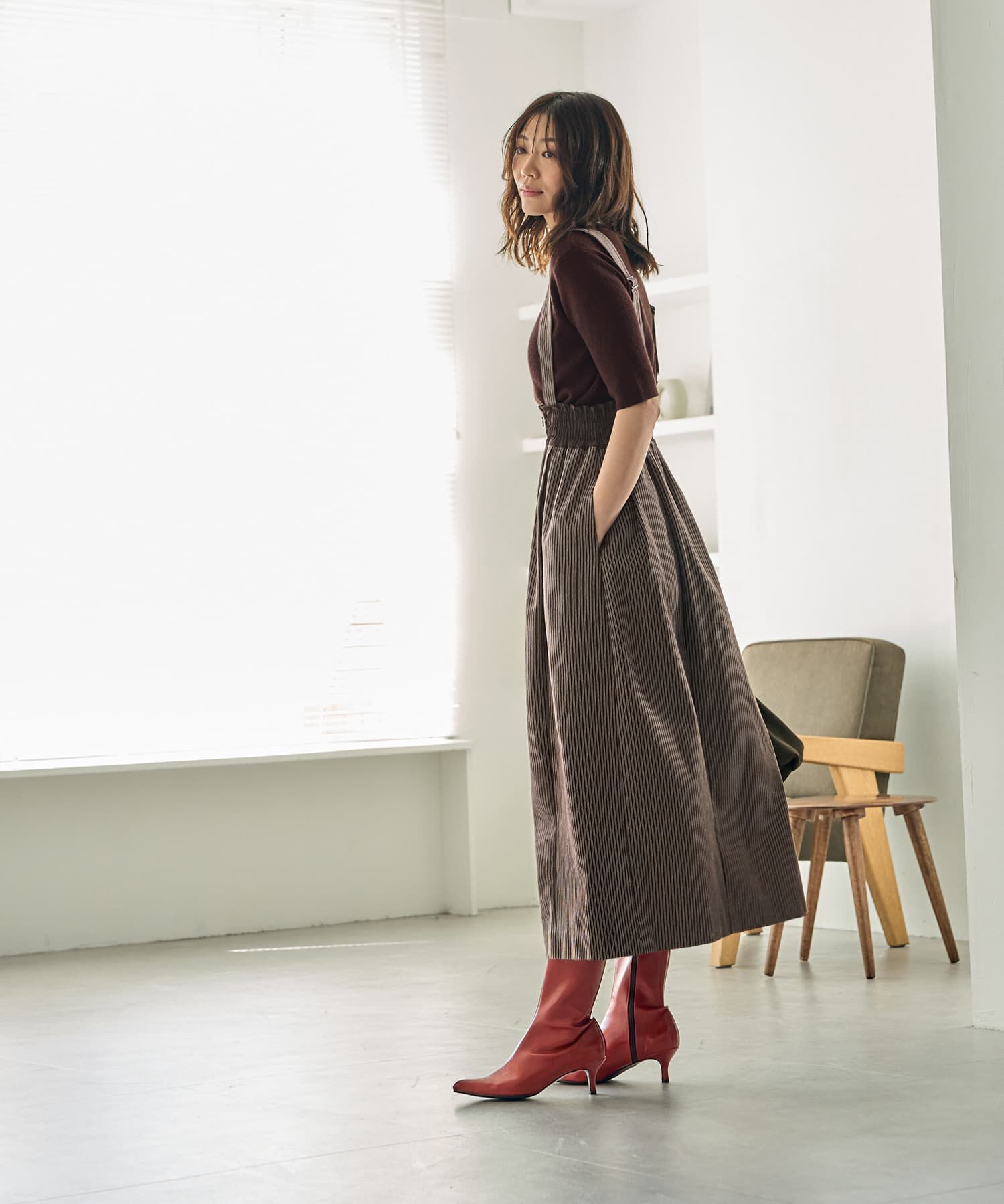 STYLE DELI「ストライプ生地サスペンダー付きコクーンスカート」|台形|