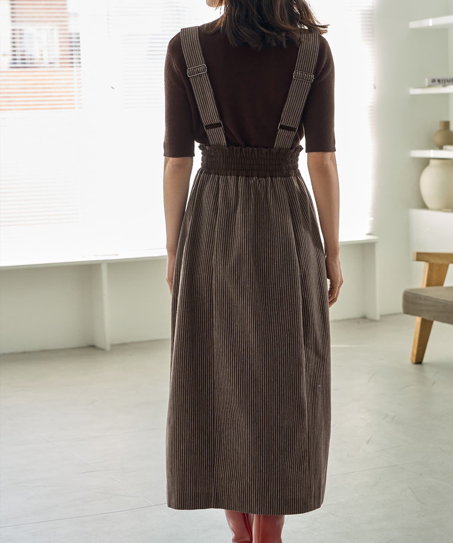 STYLE DELI「ストライプ生地サスペンダー付きコクーンスカート」|台形|