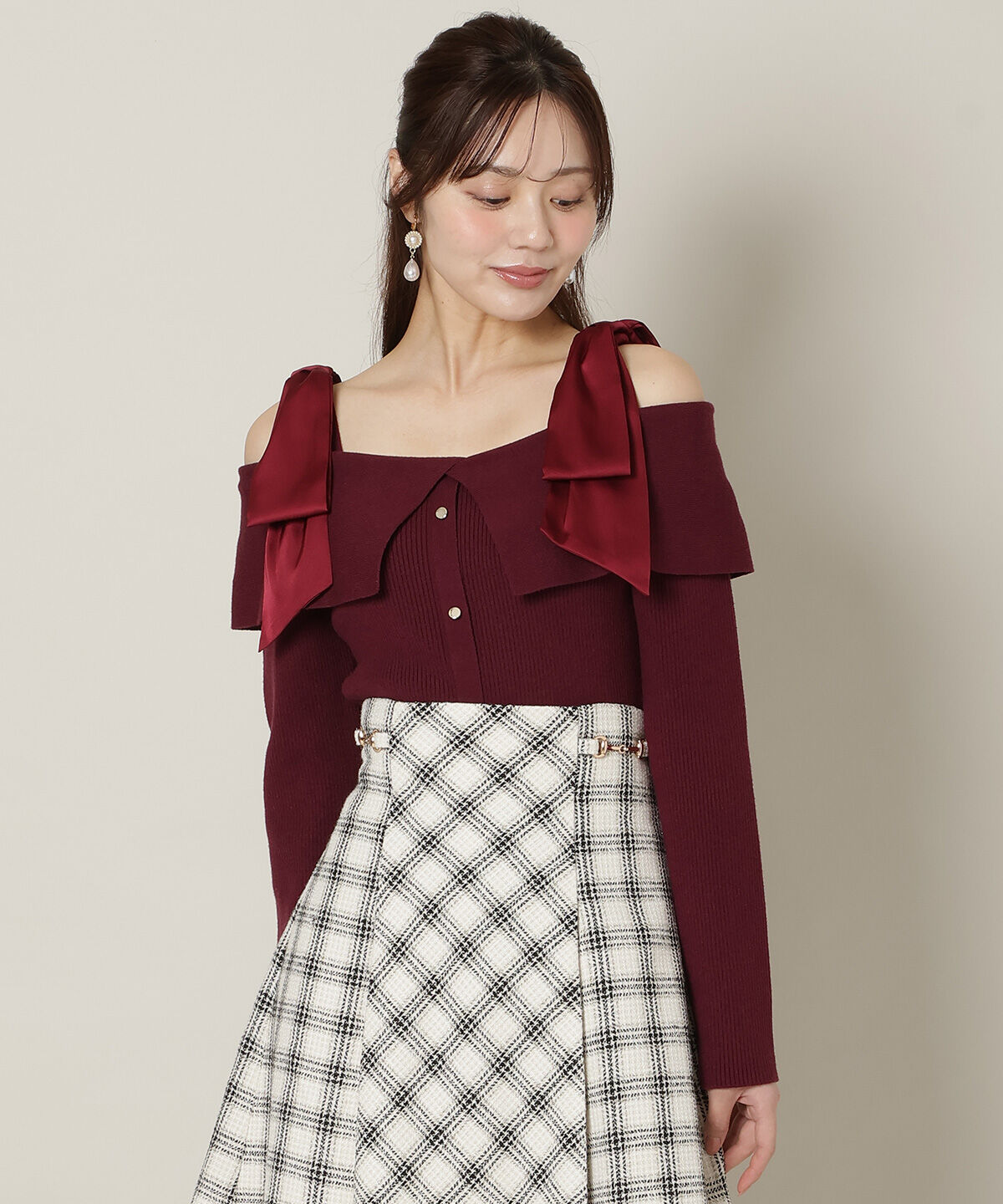 WILLSELECTION「リボンオフショルニットプルオーバー」|ニット・セーター|ボルドー