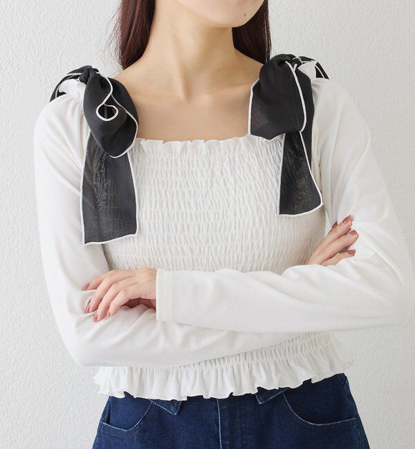  「肩リボンシャーリングトップス」|プルオーバー|
