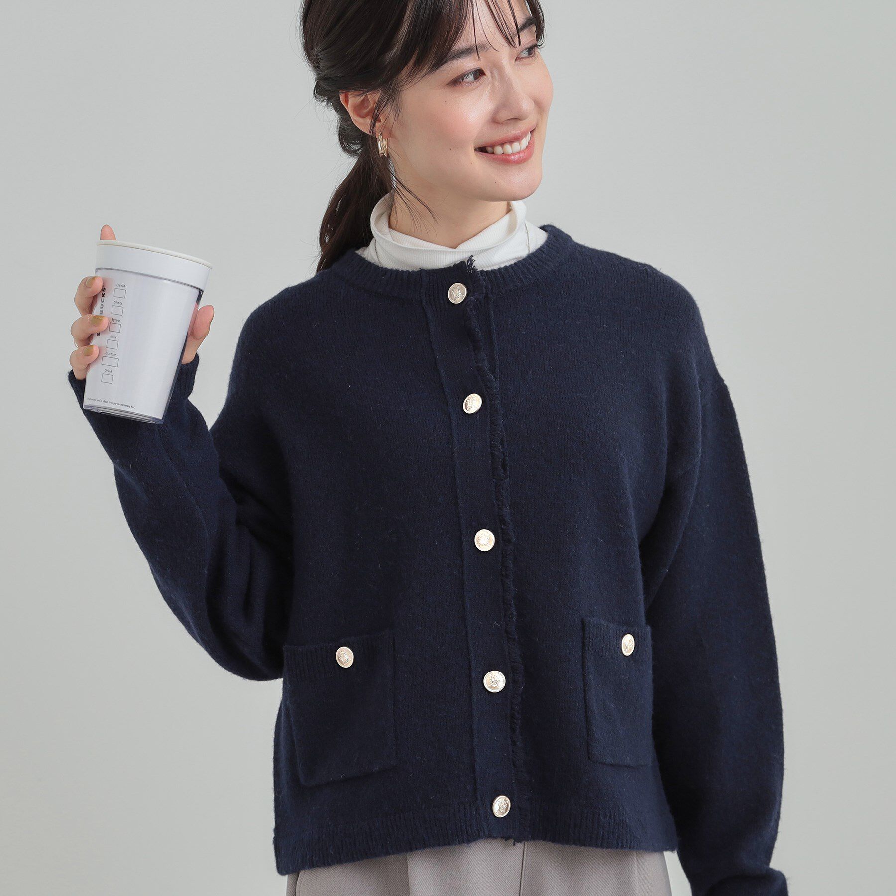 SHOO･LA･RUE「【洗濯機可/S-LL】きちんと感が魅力 ジャケットライクカーディガン」|カーディガン|ネイビー(094)