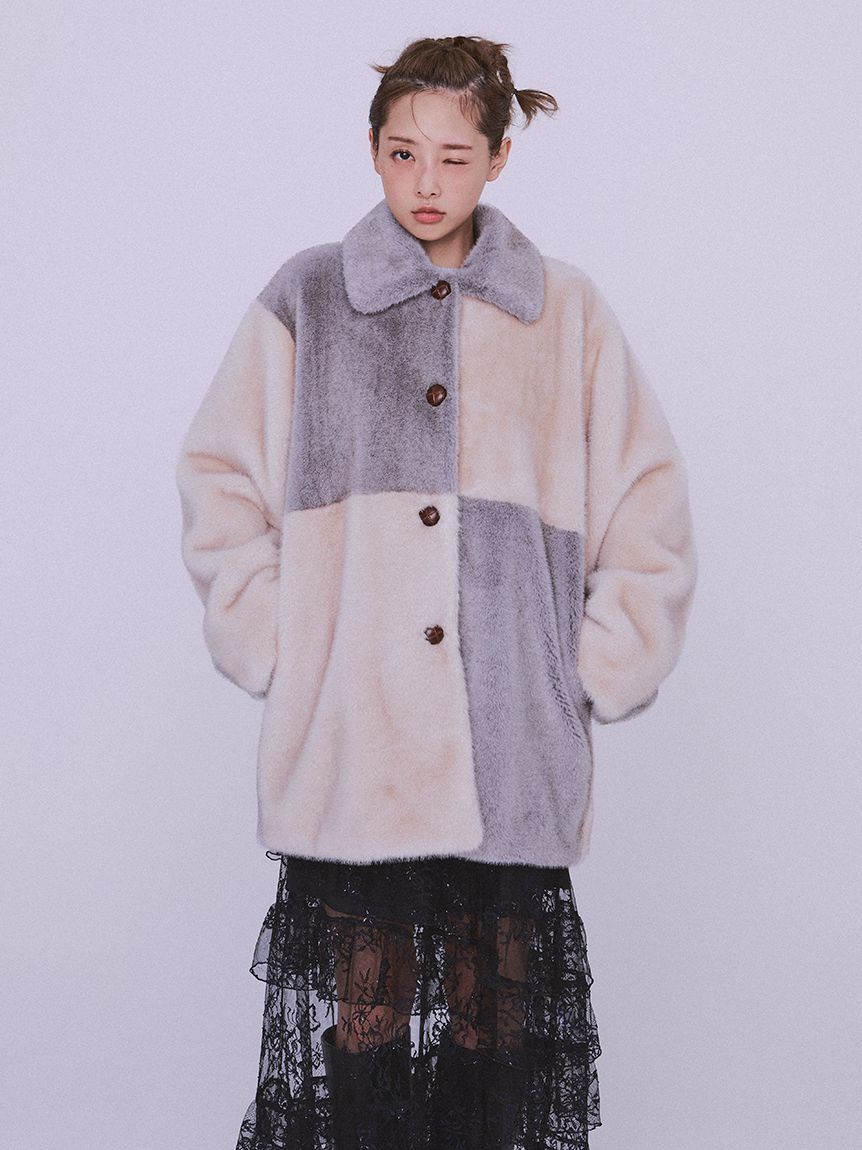 FURFUR「パッチワークエコファーミドルコート」|ステンカラーコート|