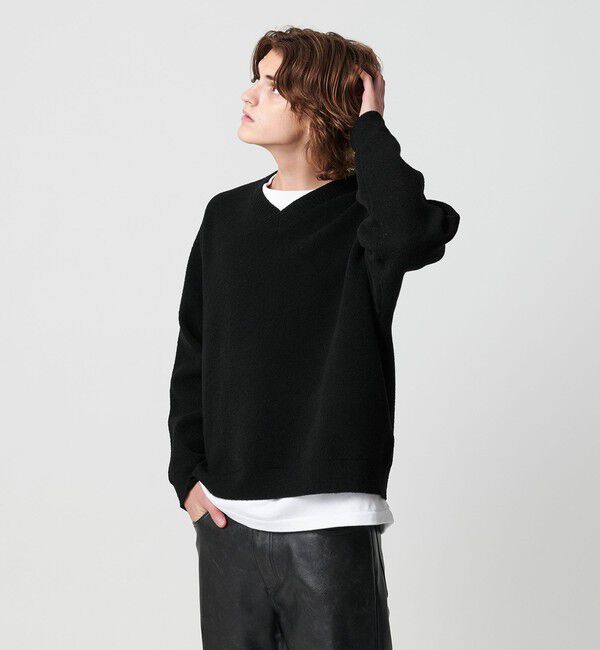 MONKEY TIME「プレーティング クロップド Vネック ニット」|ニット・セーター|