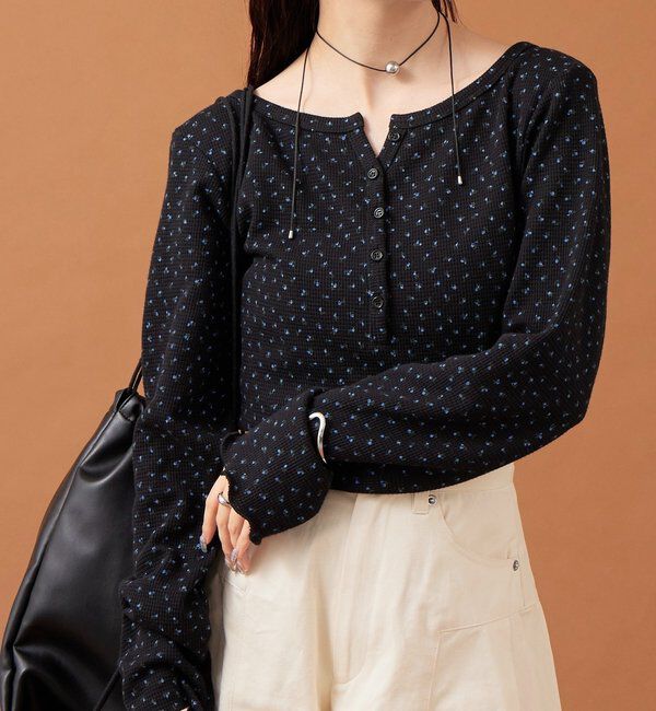  「小花ヘンリーロンT」|シャツ・ブラウス|ブラック