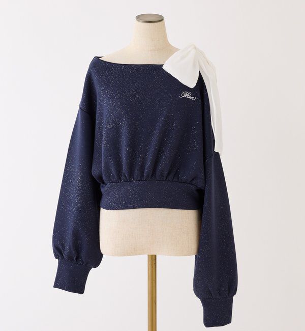  「肩リボン刺繍入りラメトップス」|プルオーバー|