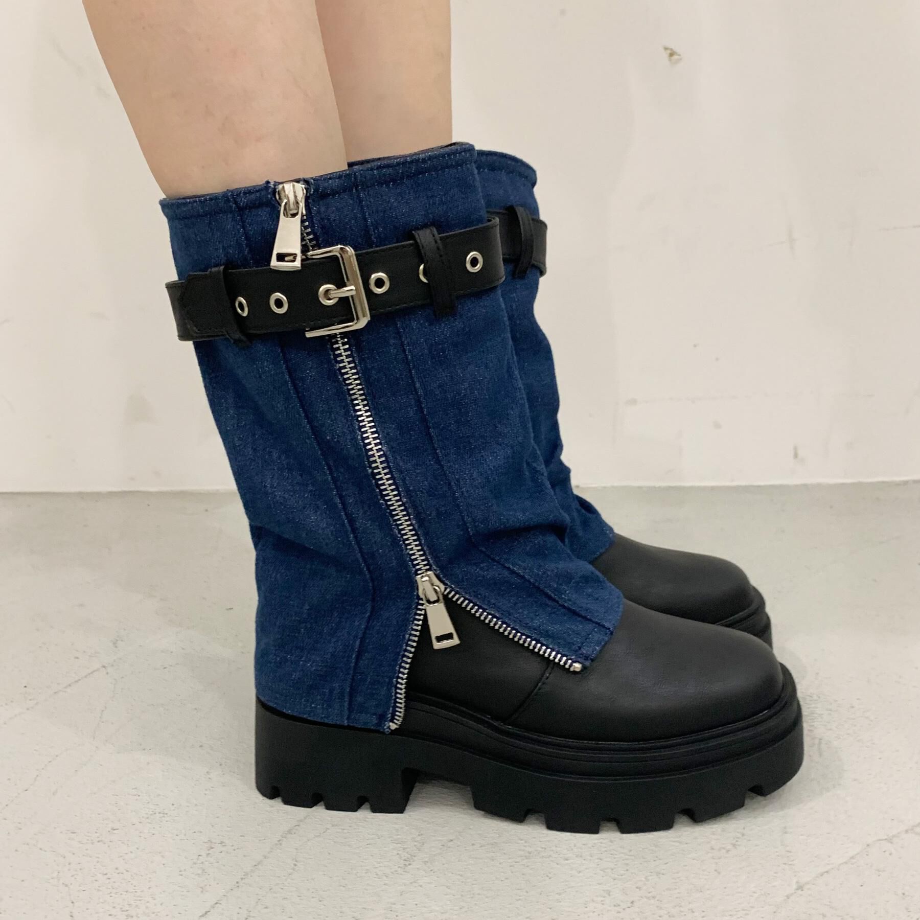 csT&P「ベルト付きカバーブーツ」|ショートブーツ|ブルー(393)