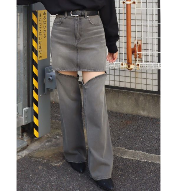 EVRIS「ドッキングデニムスカートパンツ」|デニム|ブラック