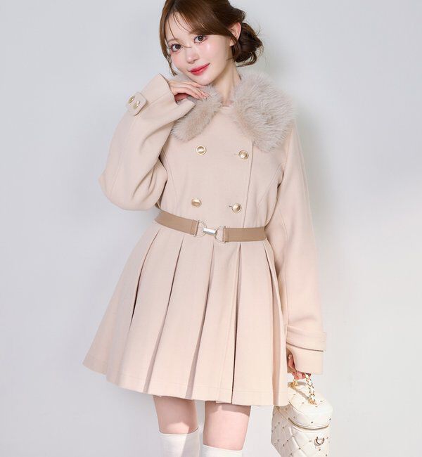  「ウエストベルト付きフェイクファー襟ミドルコート」|その他|ベージュ