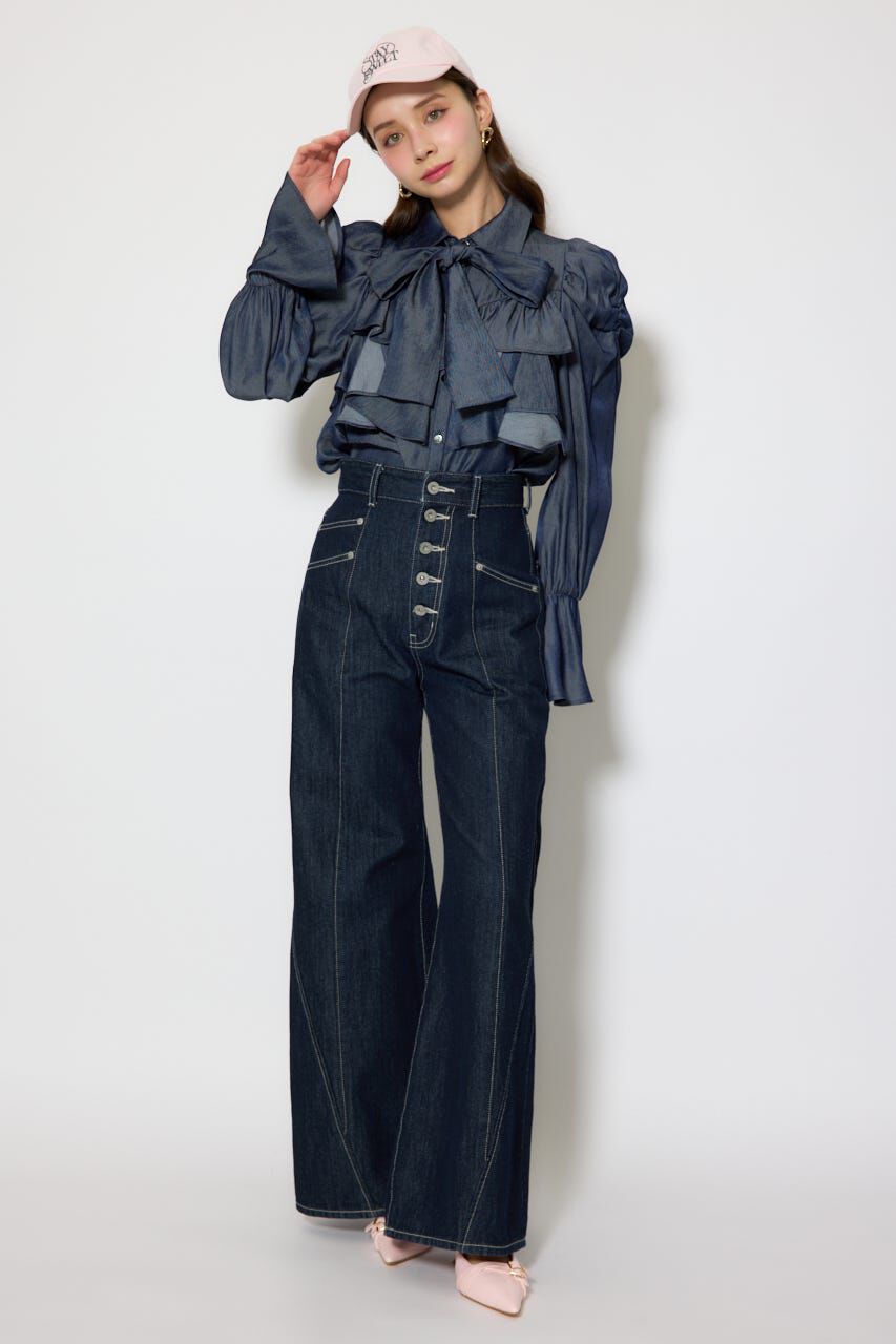 rienda「BIGリボンダンガリーパターンブラウス」|シャツ・ブラウス|