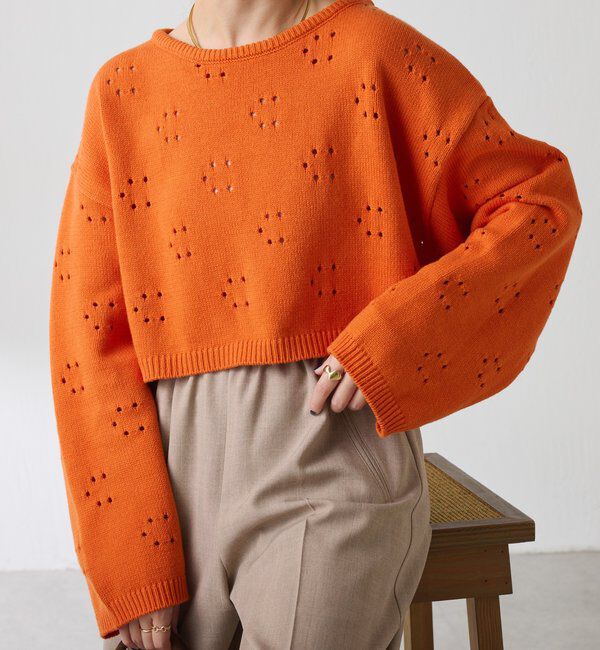  「透かし編みCニット」|ニット・セーター|オレンジ