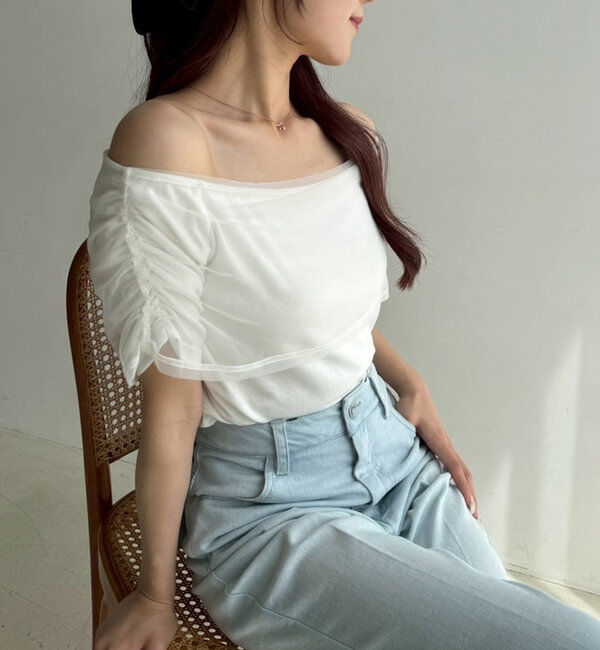  「シアー重ねオフショルトップス」|プルオーバー|オフホワイト