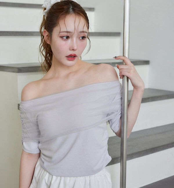  「シアー重ねオフショルトップス」|プルオーバー|グレー