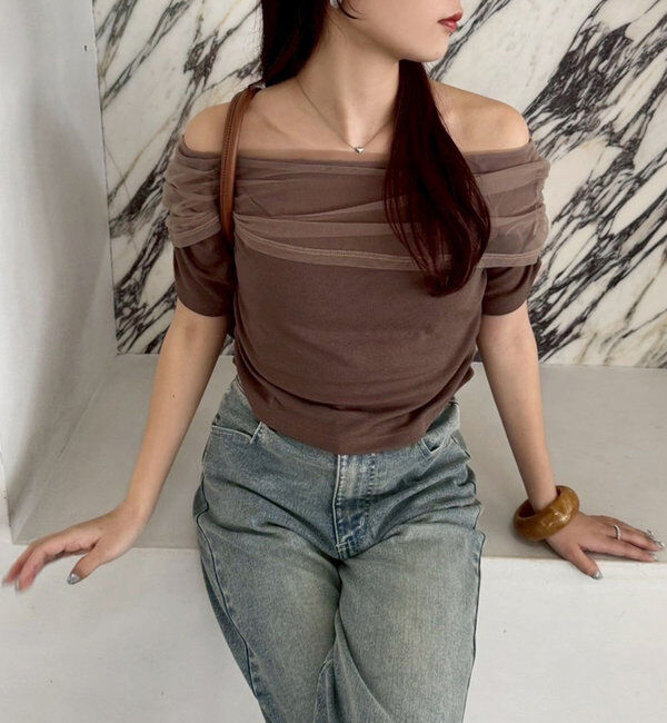  「シアー重ねオフショルトップス」|プルオーバー|モカ