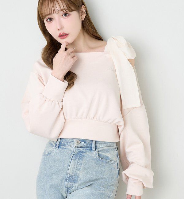  「肩リボン刺繍入りラメトップス」|プルオーバー|ピンク