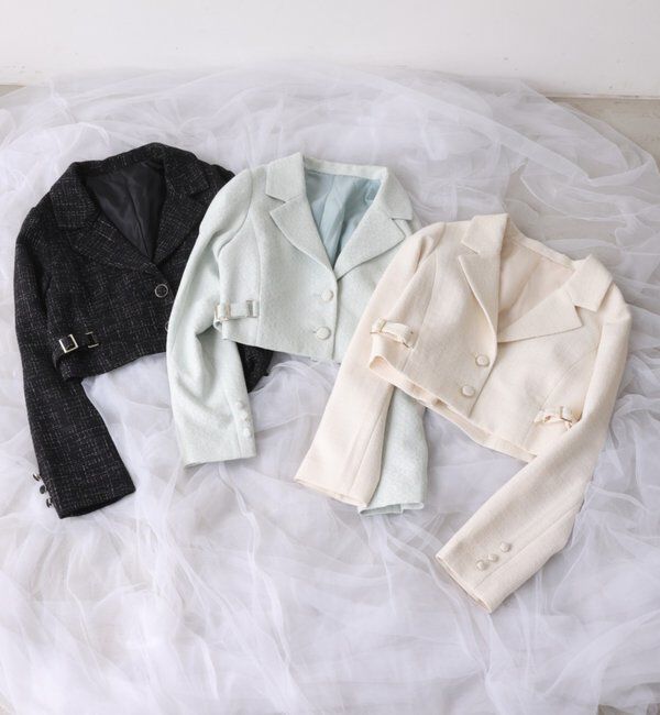  「【premiumorder】サイドベルトツイードショートジャケット」|ダウンベスト・ベスト|