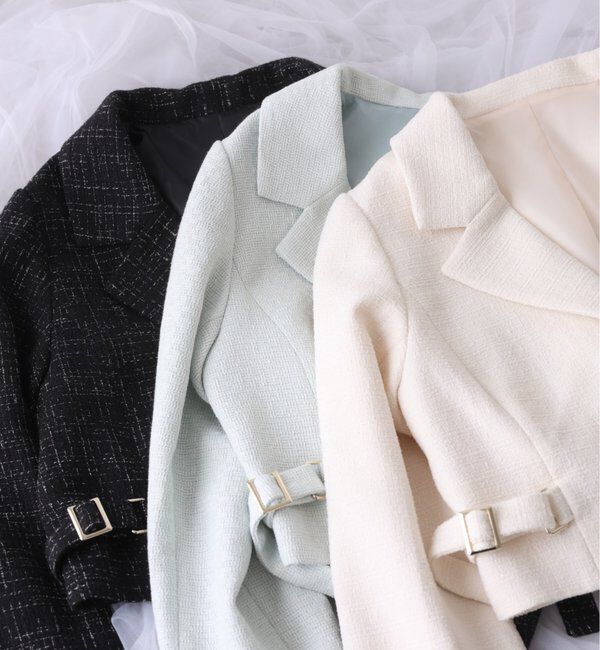  「【premiumorder】サイドベルトツイードショートジャケット」|ダウンベスト・ベスト|