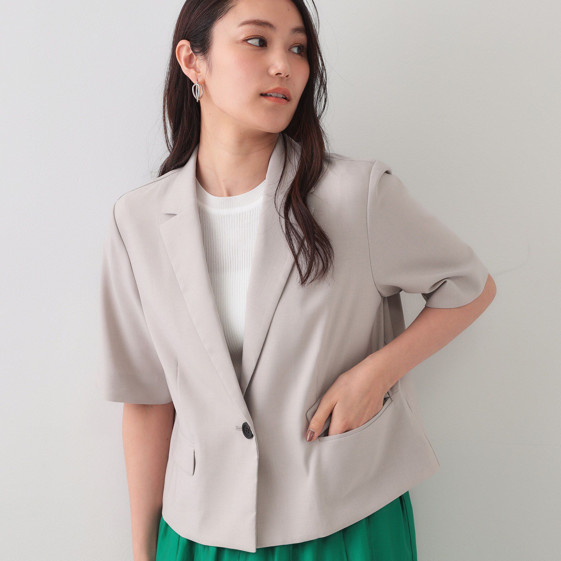 OPAQUE.CLIP「ストレッチリネンライクショートテーラードジャケット【UV/洗濯機洗い可/抗ピル】」|テーラードジャケット|ライトグレー(011