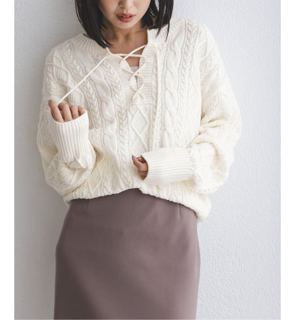 NOBLE「2way地柄 レースアッププルオーバー」|ニット・セーター|ホワイト