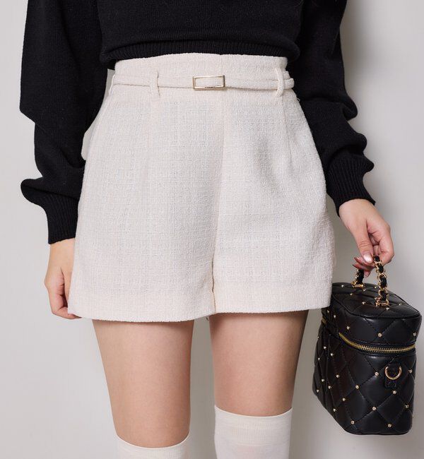  「ベルト付きツイードショートパンツ【セットアップ可能】」|その他|アイボリー