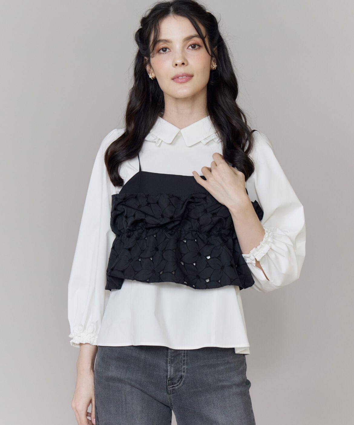 Maglie le cassetto「《大きいサイズ》フラワー刺繍ビスチェ」|シャツ・ブラウス|ブラック