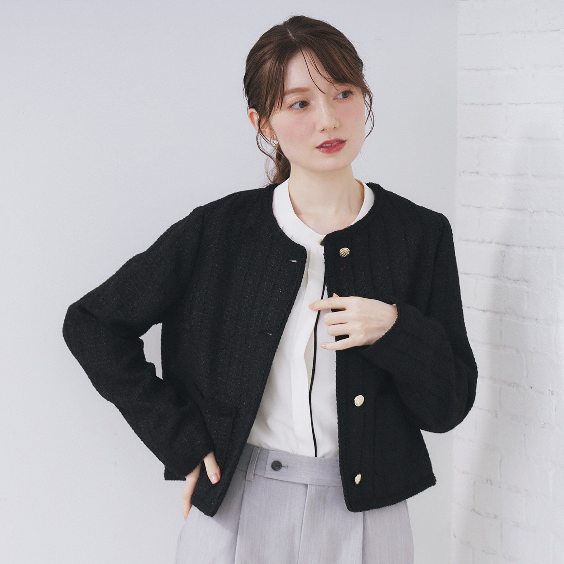 index「ファンシーツイードノーカラージャケット【洗える】」|ノーカラージャケット|ブラック(019)