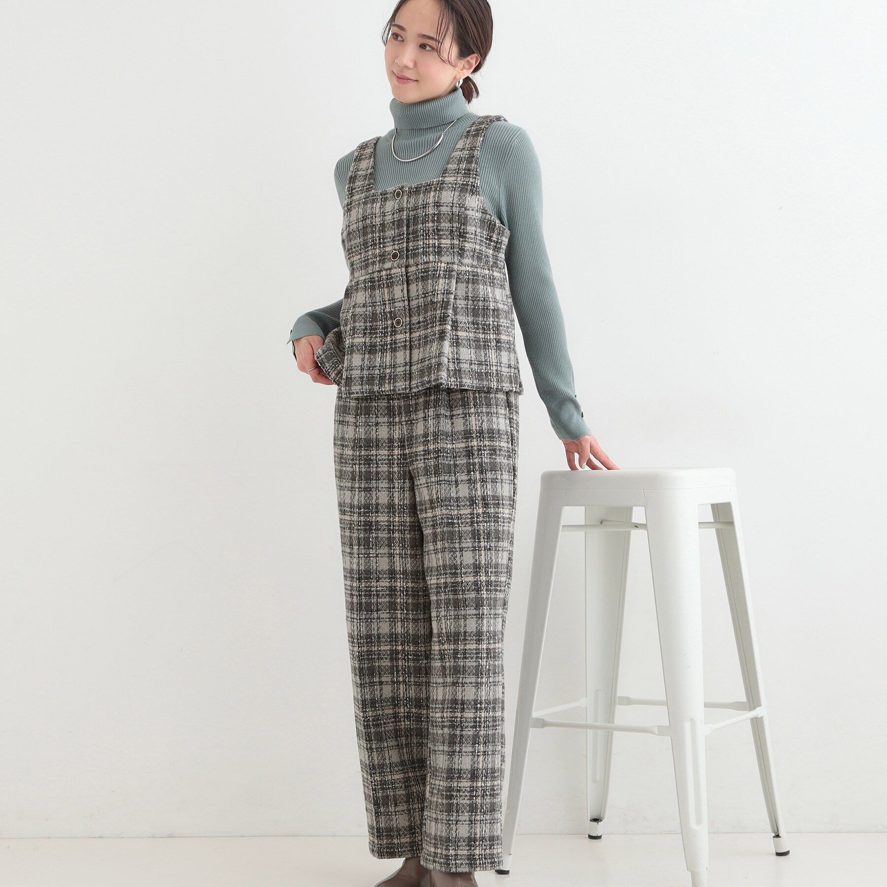 SHOO･LA･RUE「【2点セット/S-LL】着るだけで決まる クラシカルなツイード調 チェック柄セットアップ」|スーツ|グレー(212)