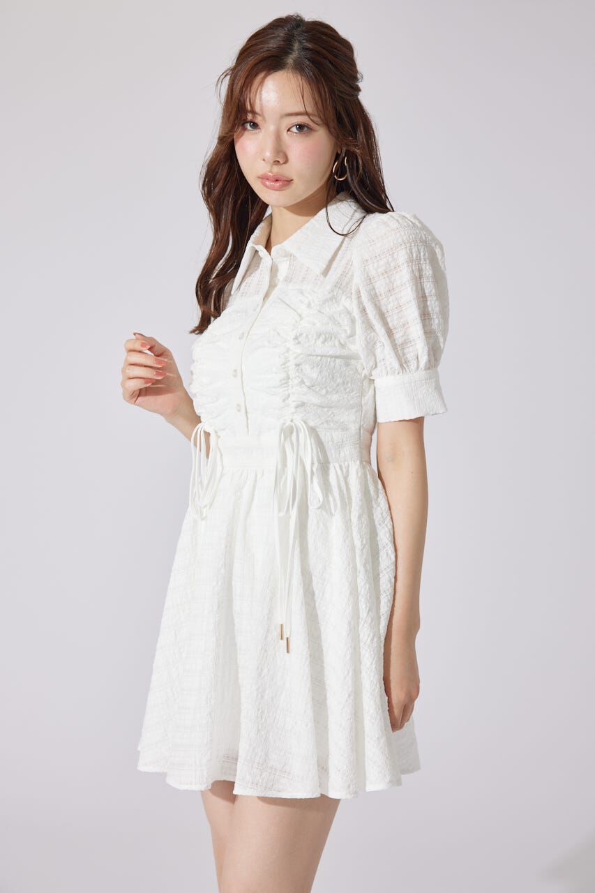 rienda「フロントシャーリングリボンミニハーフシャツフレアワンピース」|ワンピース|