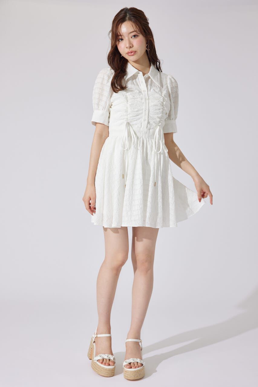 rienda「フロントシャーリングリボンミニハーフシャツフレアワンピース」|ワンピース|
